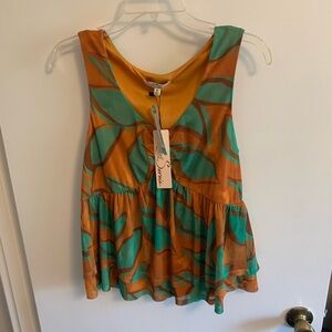 Orange and green sleeveless summer blouse